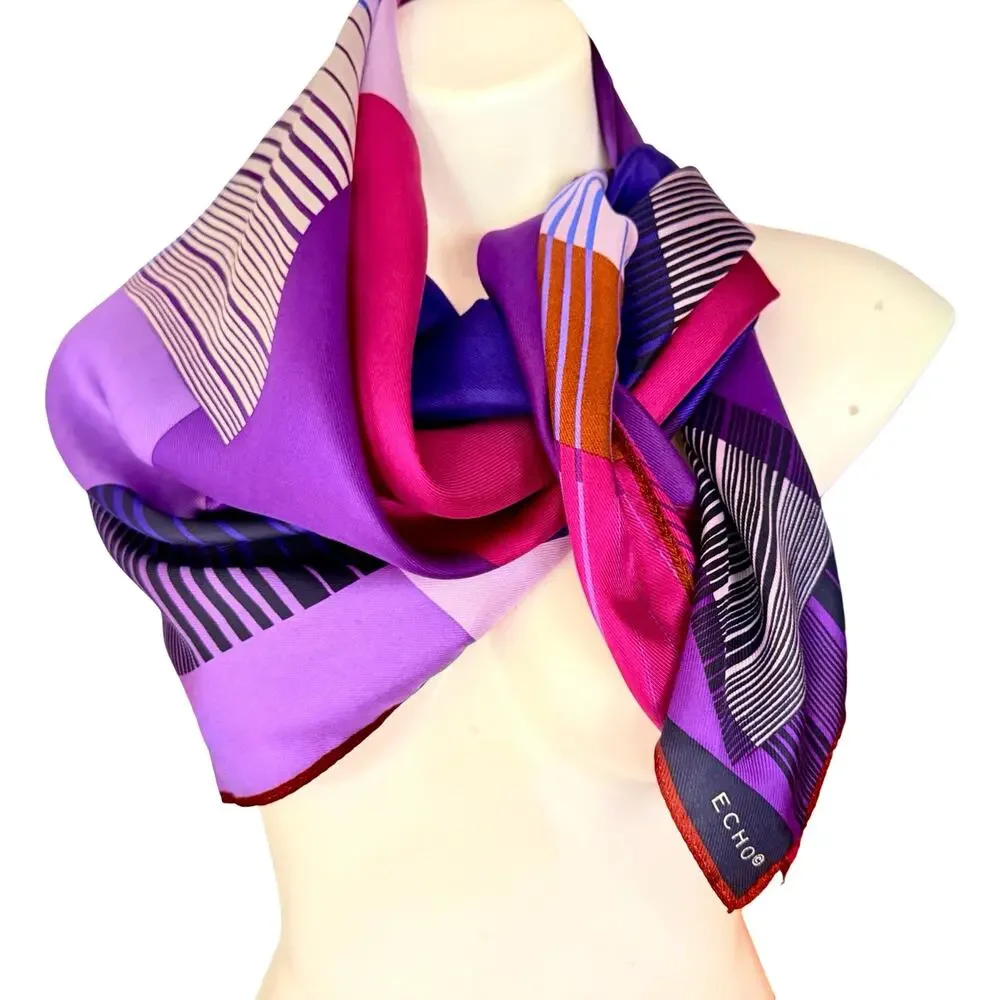 Vintage Echo 1980s Silk Geometric Color Block Abstract Scarf Purple Pink 35 x 35